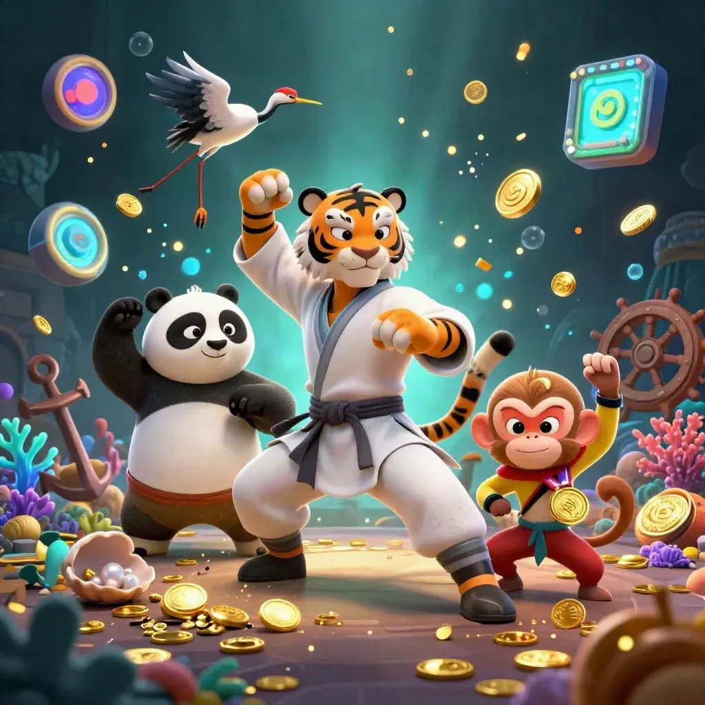 Kung-fu tiger, panda and monkey amid treasure cove, gold coins, coral and glowing cyan magic.