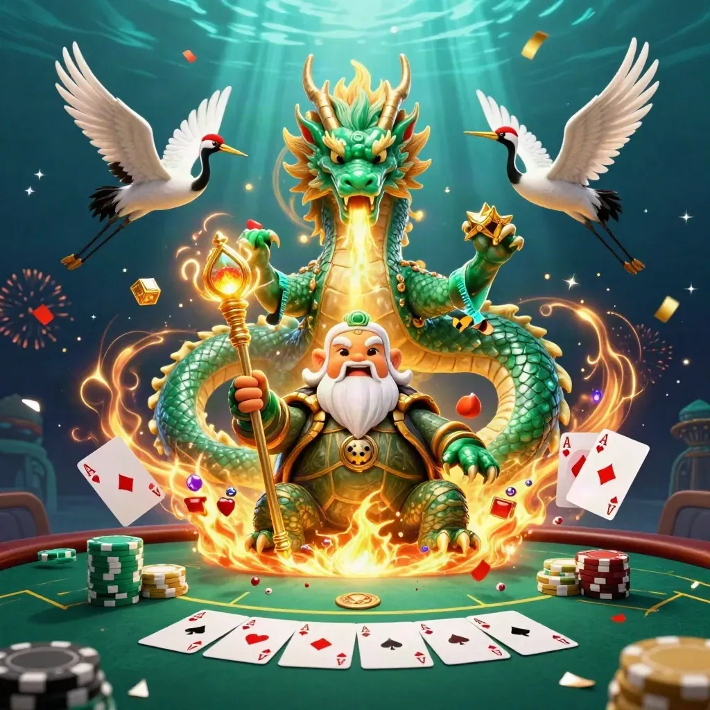 Emerald dragon, turtle sage and cranes amid casino treasures on a teal underwater backdrop.