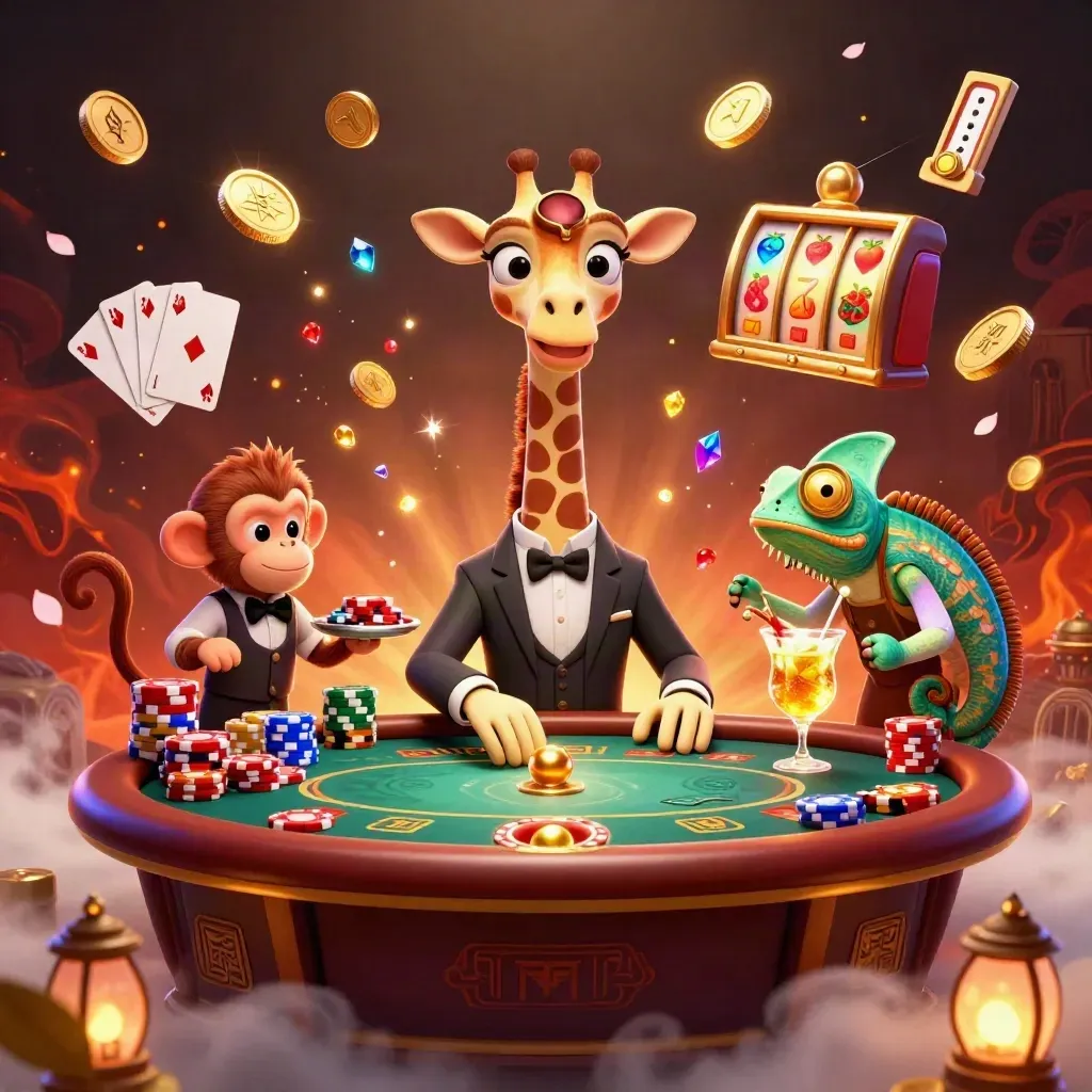 Giraffe high roller, monkey valet and chameleon bartender amid coins, gems and roulette glow.