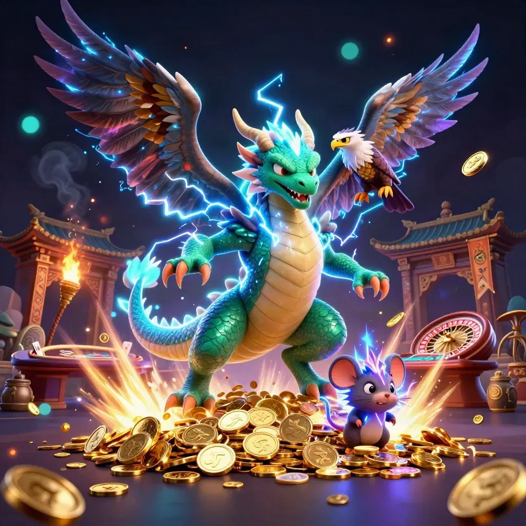 Thunder dragon, wind hawk and static mouse amid coins, temple gate and casino icons.