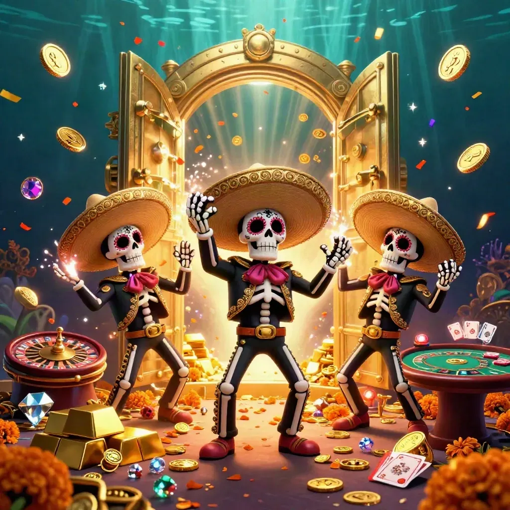 Skeleton mariachi trio amid vault gold, roulette, gems, fireworks and teal underwater glow.