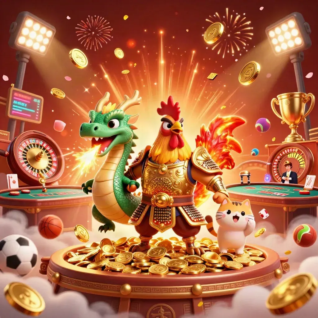Rooster warrior, dragon hatchling and fortune-cat amid coins, fireworks and casino symbols.