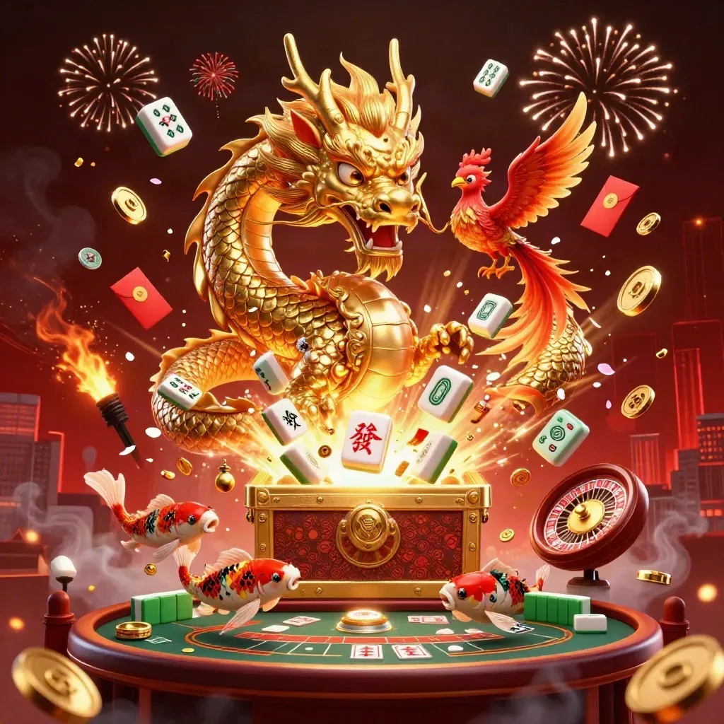 Golden dragon, phoenix and koi amid treasure, coins and fireworks on a dark red casino backdrop.