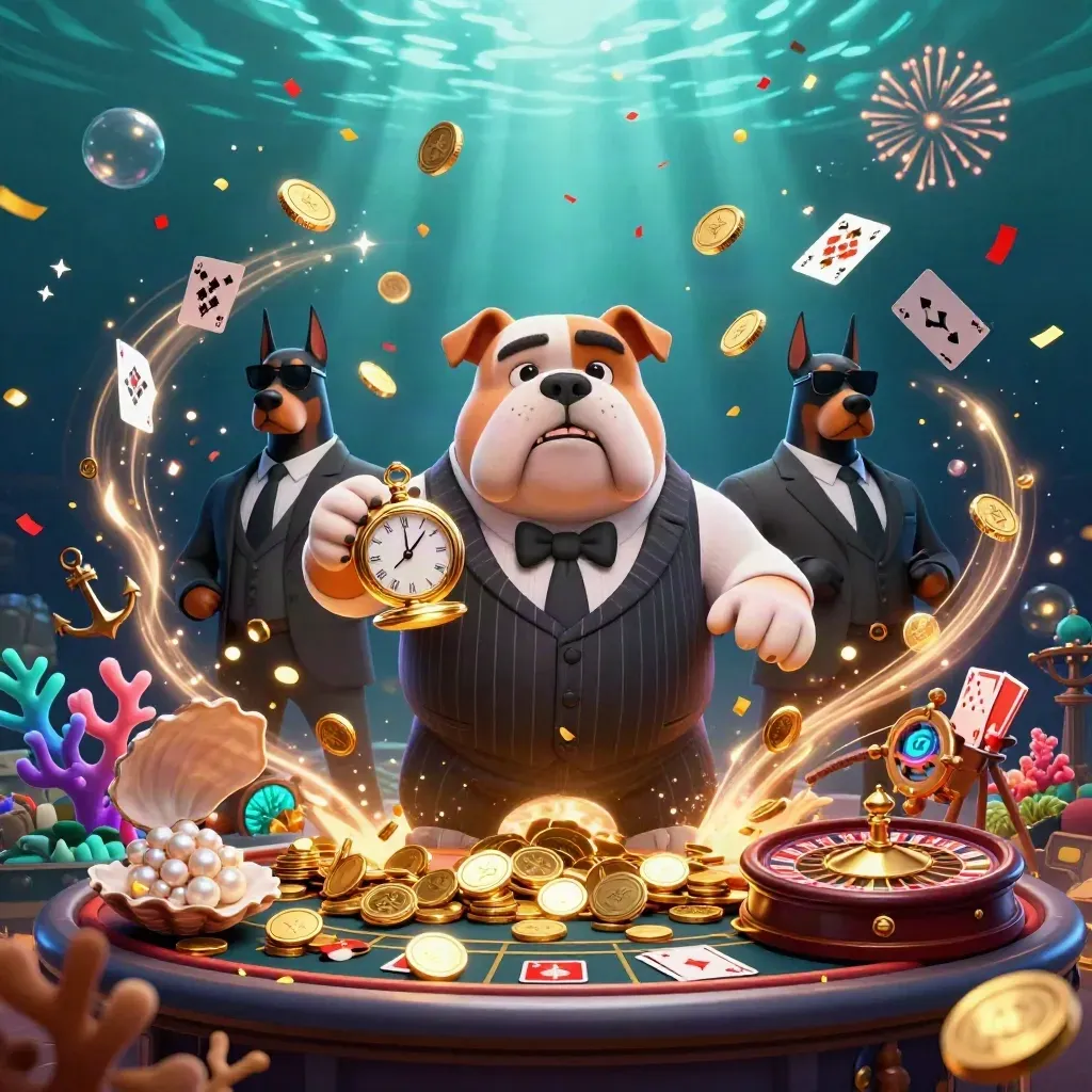 Bulldog boss and two Dobermans amid gold coins, coral, cards, and fireworks underwater.