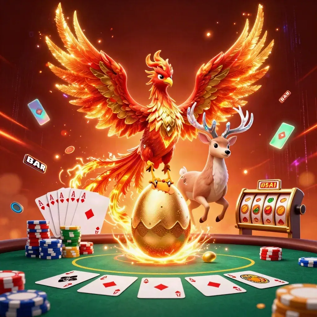 Fiery phoenix, hatchling, and crystal stag amid casino chips and cards