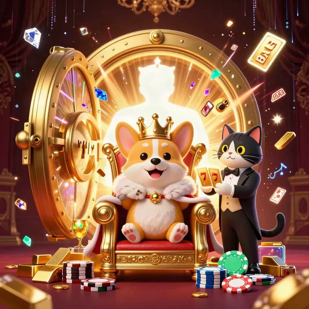 Royal corgi and cat butler in a vault-blast casino splash with gold, chips, and neon effects.