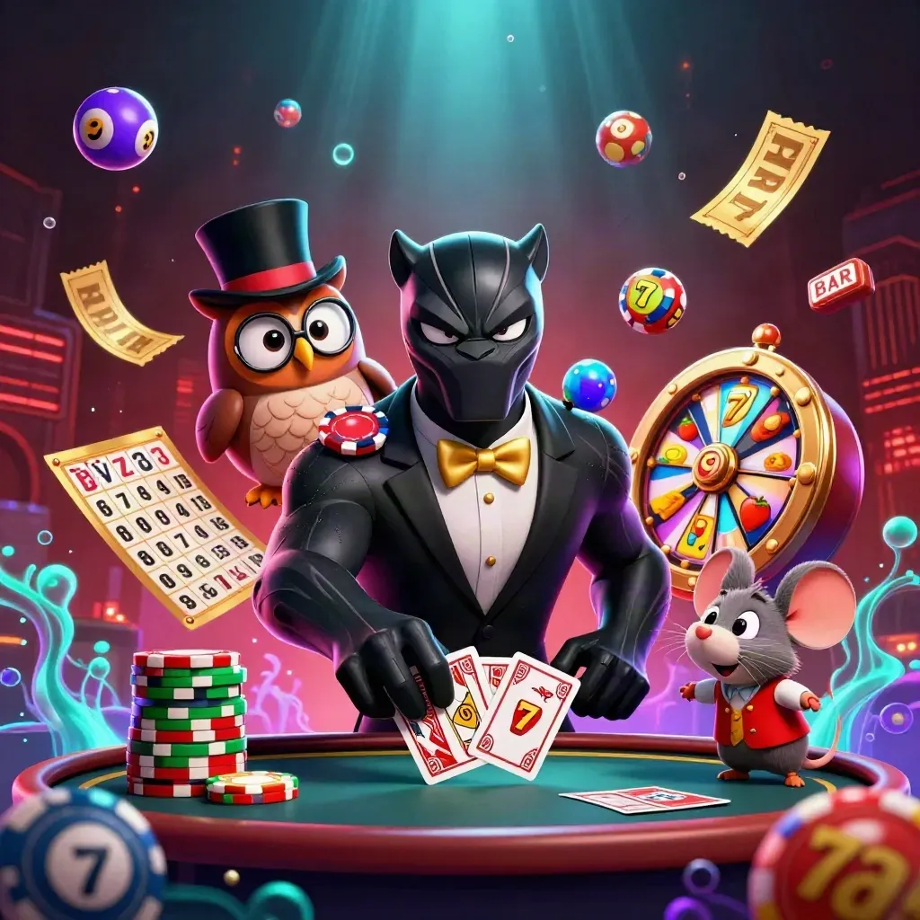 Black panther, owl and mouse amid casino chips, reels and glowing balls in luxe dark neon light.