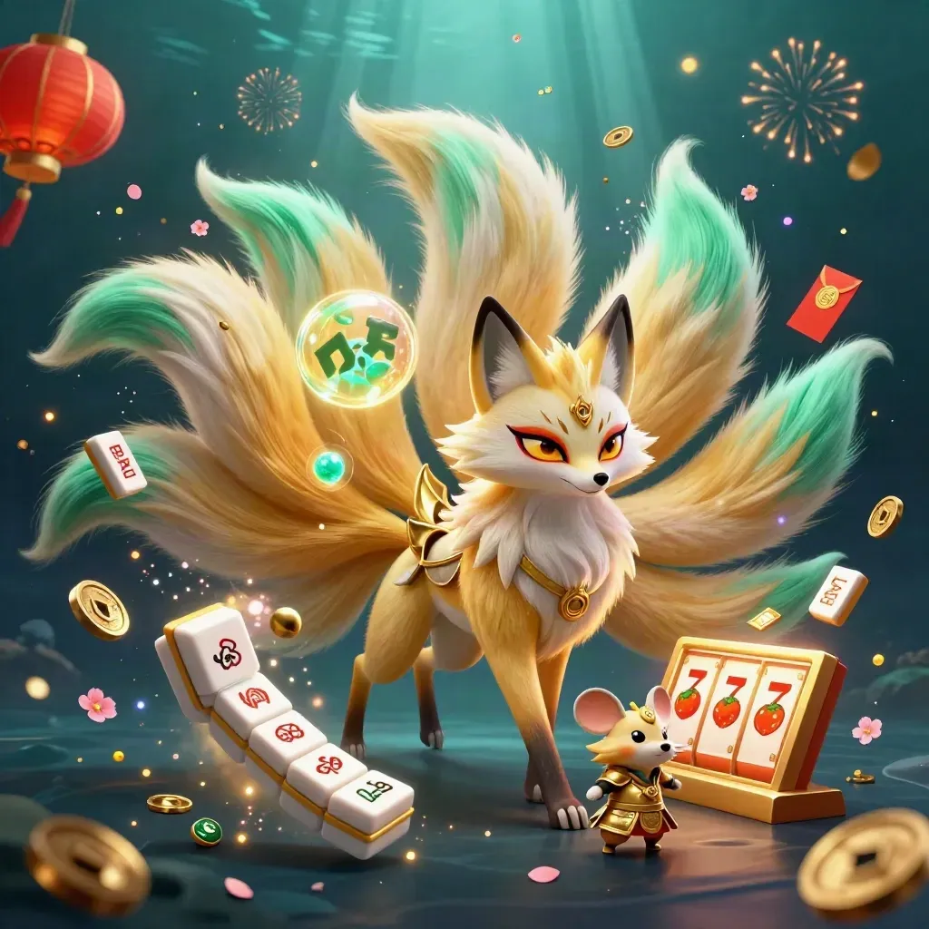 Nine-tailed fox spirit and samurai mouse amid casino symbols and glowing teal-gold light.