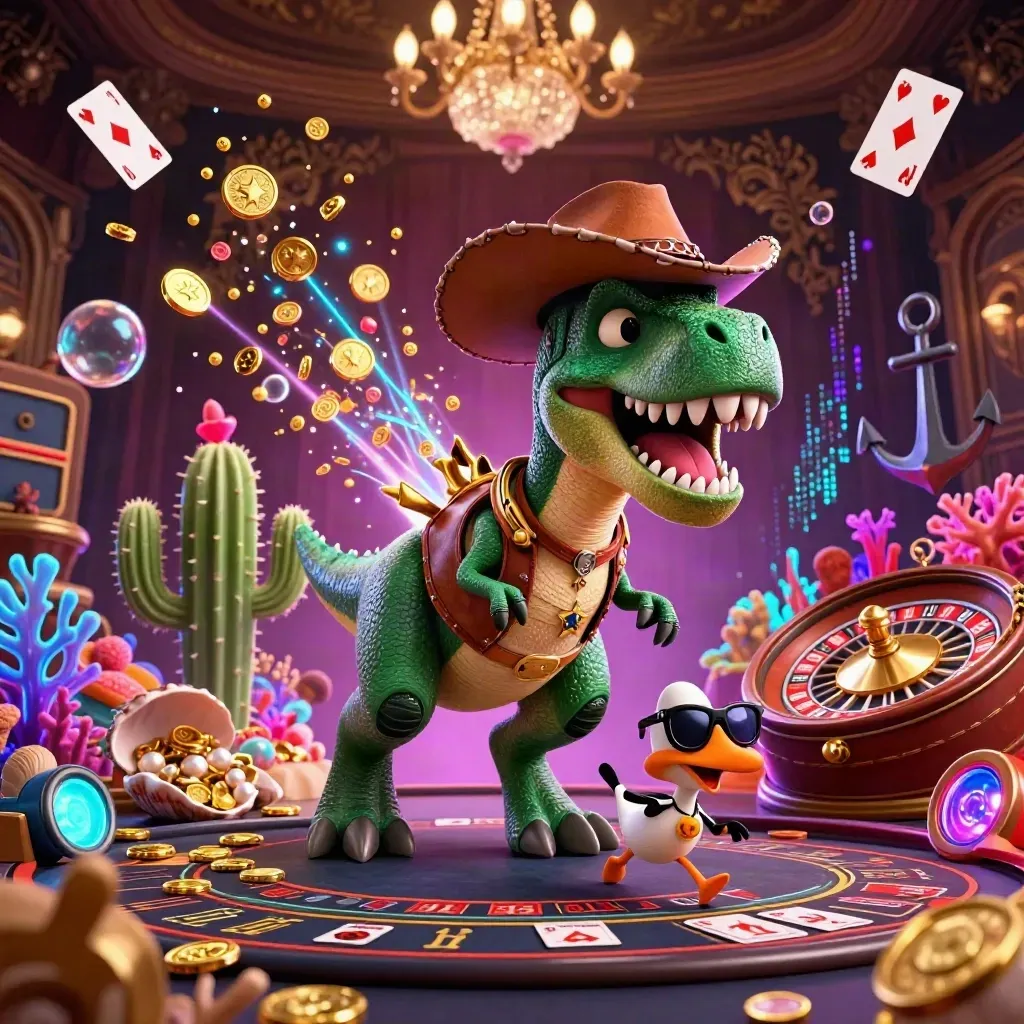 Cowboy T-Rex, cactus, and roadrunner amid casino treasure, gold sparks, and neon glow