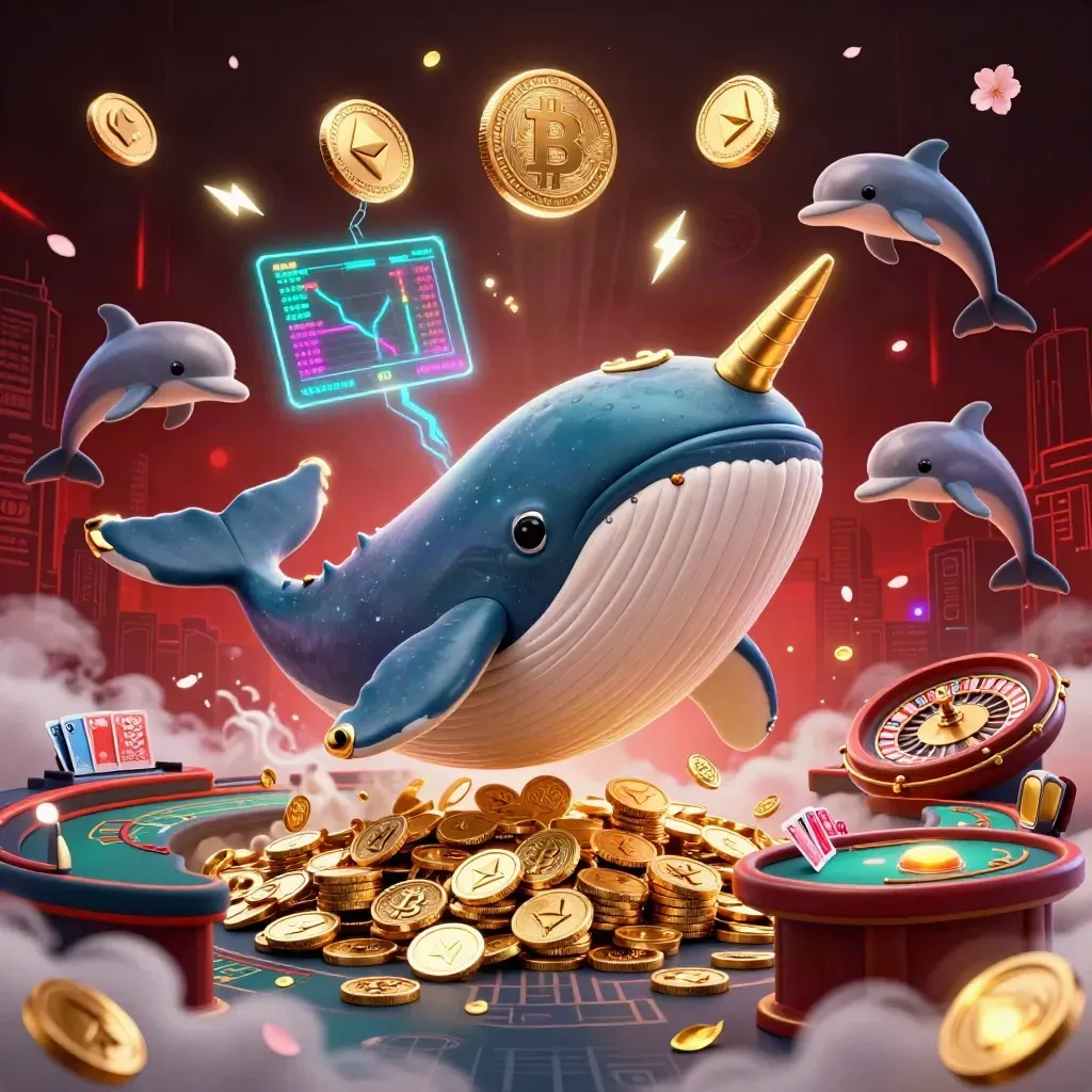 Whale captain, narwhal, and dolphins amid casino chips, crypto coins, and luxe red-gold neon.