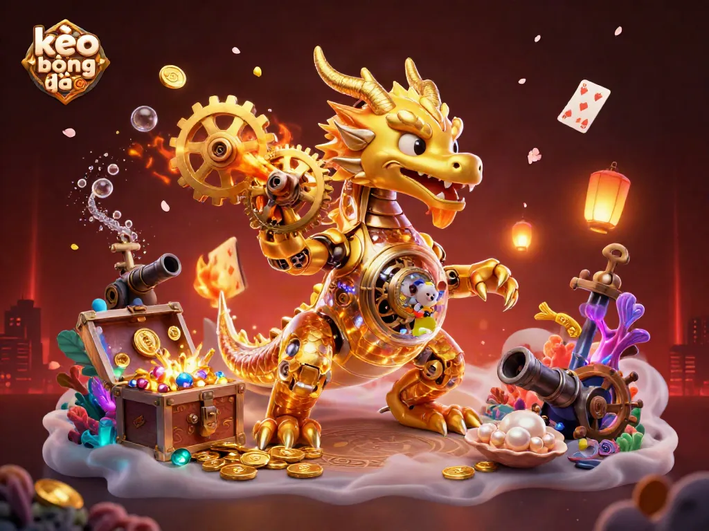 Experience kèo bóng đá excitement with a golden dragon and treasure in a vibrant 3D scene.