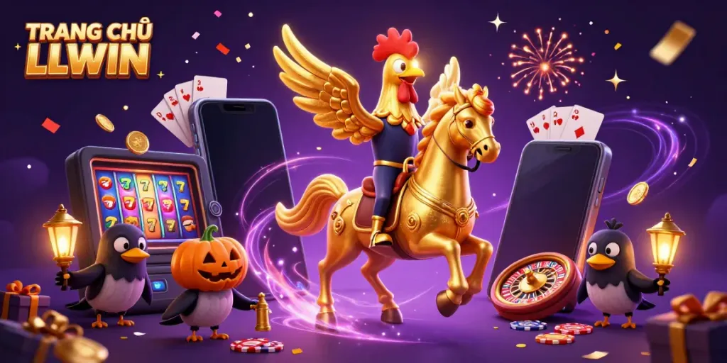 Experience the excitement at TRANG CHỦ LLWIN with a vibrant 3D illustration featuring casino games and festive elements.