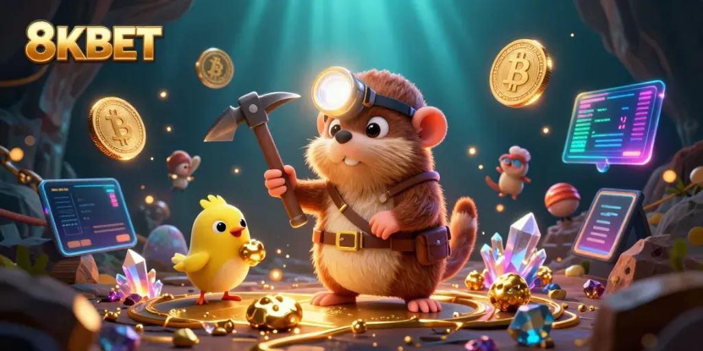 Experience 8KBET's thrilling gameplay with vibrant treasure hunter scene filled with crypto elements.