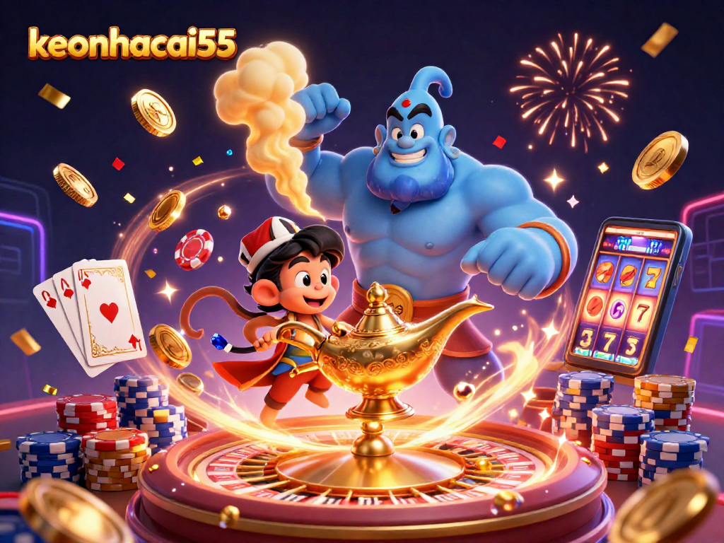 Experience the excitement of keonhacai55 with a vibrant 3D casino scene illustrating games and magical elements.