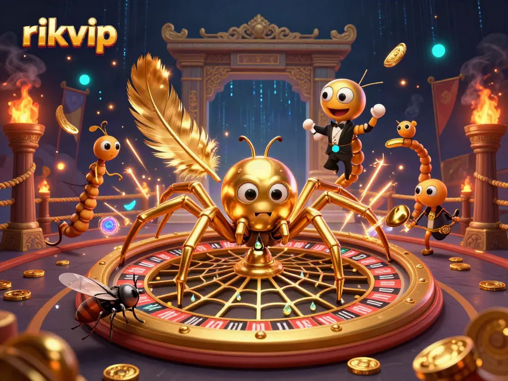 Experience thrilling bets with rikvip's dynamic golden roulette wheel scene featuring vibrant characters.