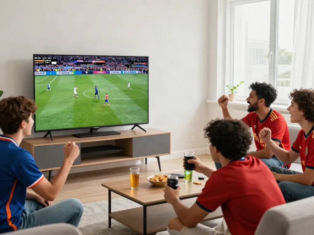 Socolive live football stream in a vibrant home setting with engaged fans.