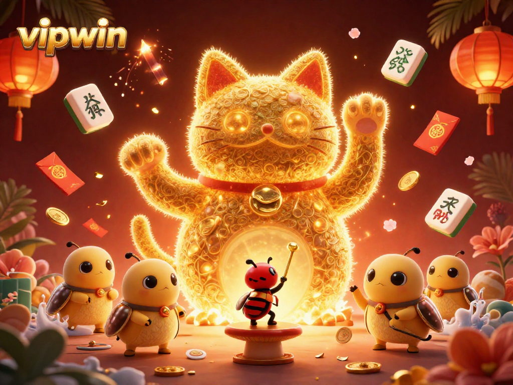 Experience winning moments at vipwin with a vibrant lucky cat formed by glowing fireflies and casino symbols.
