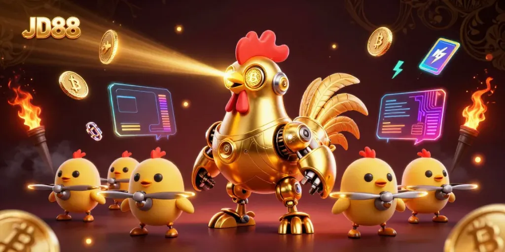 Engage in thrilling gameplay at JD88 with vibrant golden rooster robot and crypto coins.