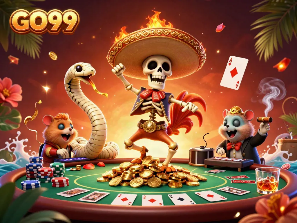 Join the excitement with GO99 as a cartoon mariachi rooster dances among poker chips and gold!