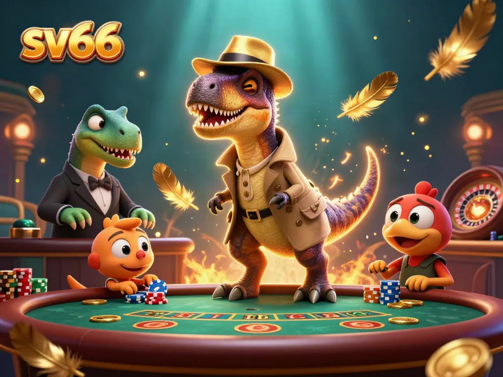 sv66 velociraptor card counter at a blackjack table with a stegosaurus pit boss, vibrant casino scene