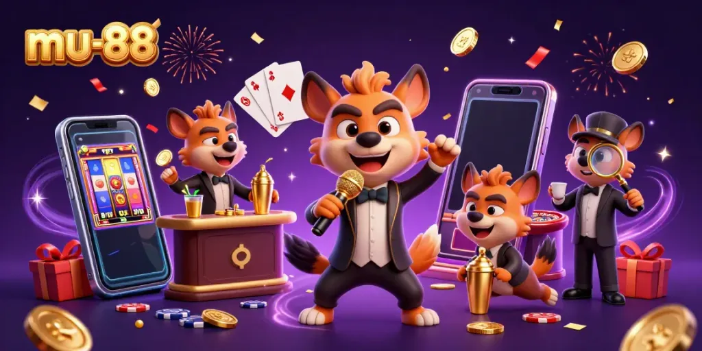 Experience the excitement of mu-88 with lively hyena characters in a vibrant casino scene.