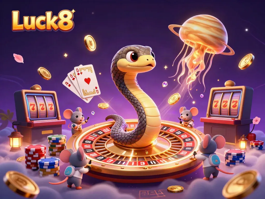 Experience thrilling gameplay at Luck8 with a vibrant cosmic casino scene featuring a unique Saturn ring snake as a roulette wheel.