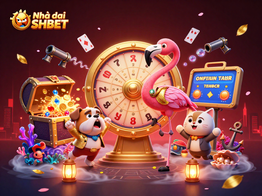 Engage with Nhà cái SHBET's vibrant prize scene showcasing a game show host, bulldog contestant, and cat assistant.