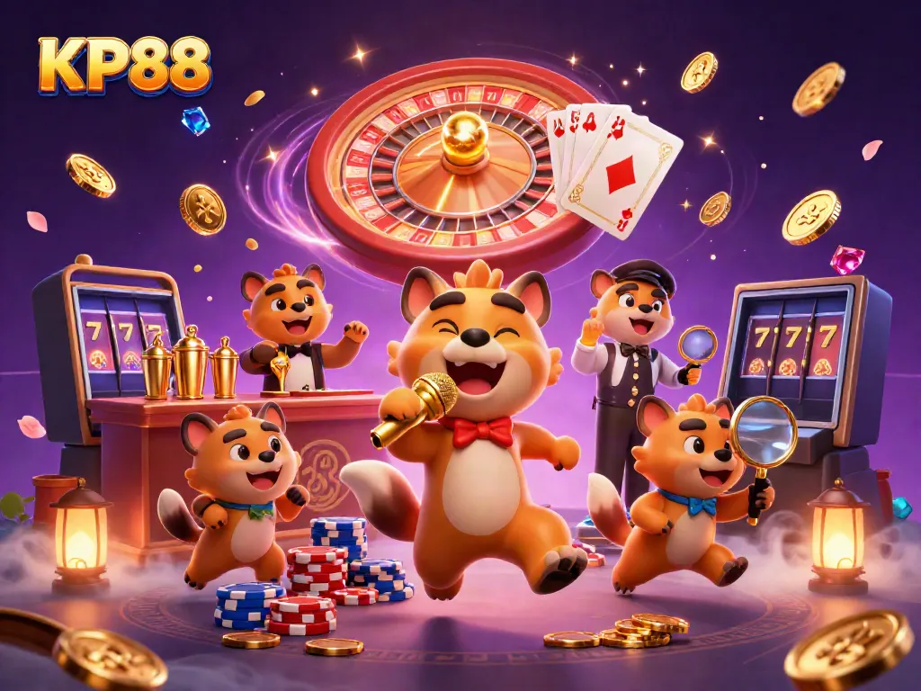 Experience the vibrant KP88 casino atmosphere with hyenas enjoying games, comedy, and excitement all around.