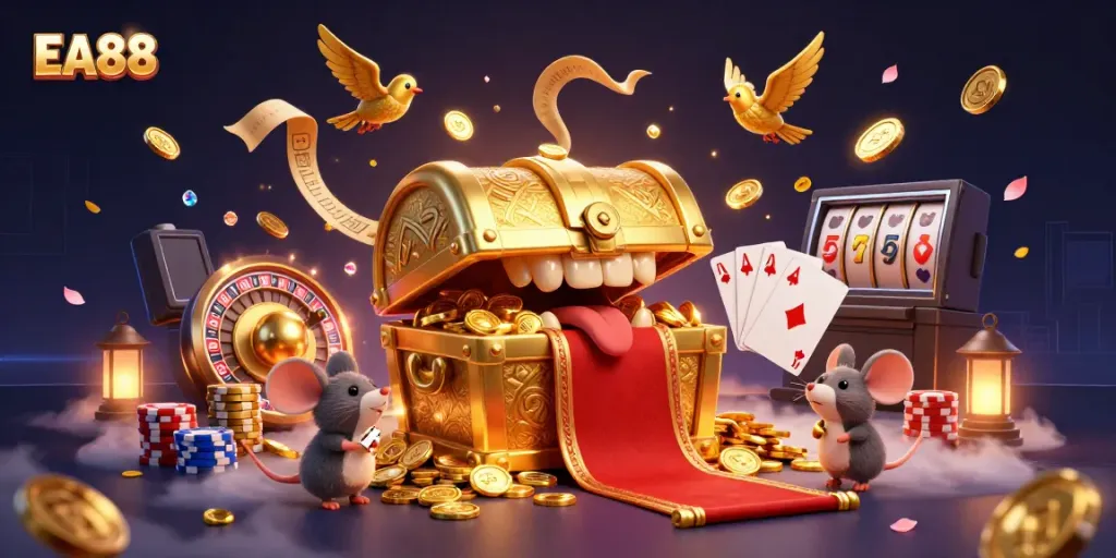 Experience EA88's thrilling casino adventure with an engaging treasure chest and captivating game elements.