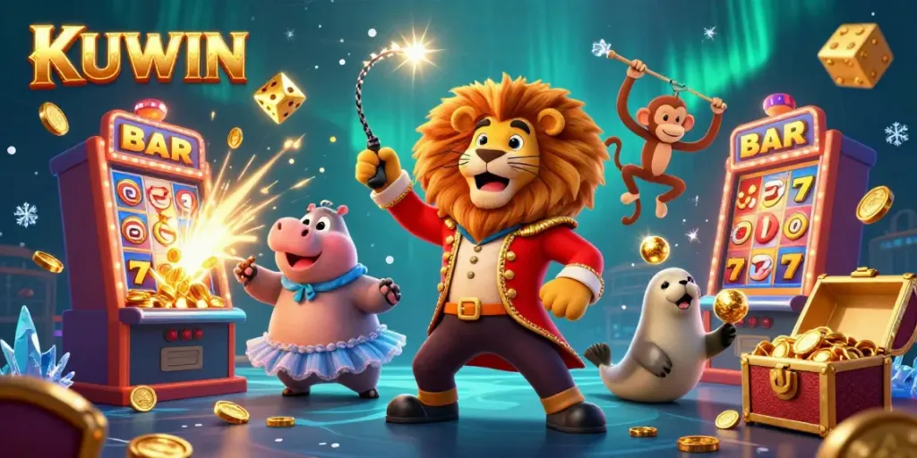 Experience the excitement at KUWIN with a dynamic scene of cartoon characters and casino elements bursting with energy.