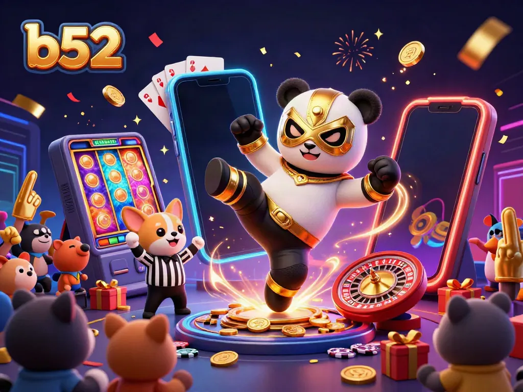 Experience the thrill at b52 with a panda wrestler kicking through a colorful slot game celebration.