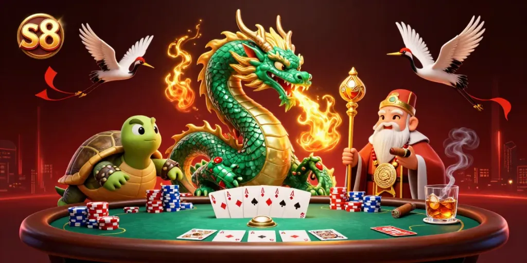 Engage in the thrilling action of s8 casino with a jade dragon and poker elements in a vibrant scene.
