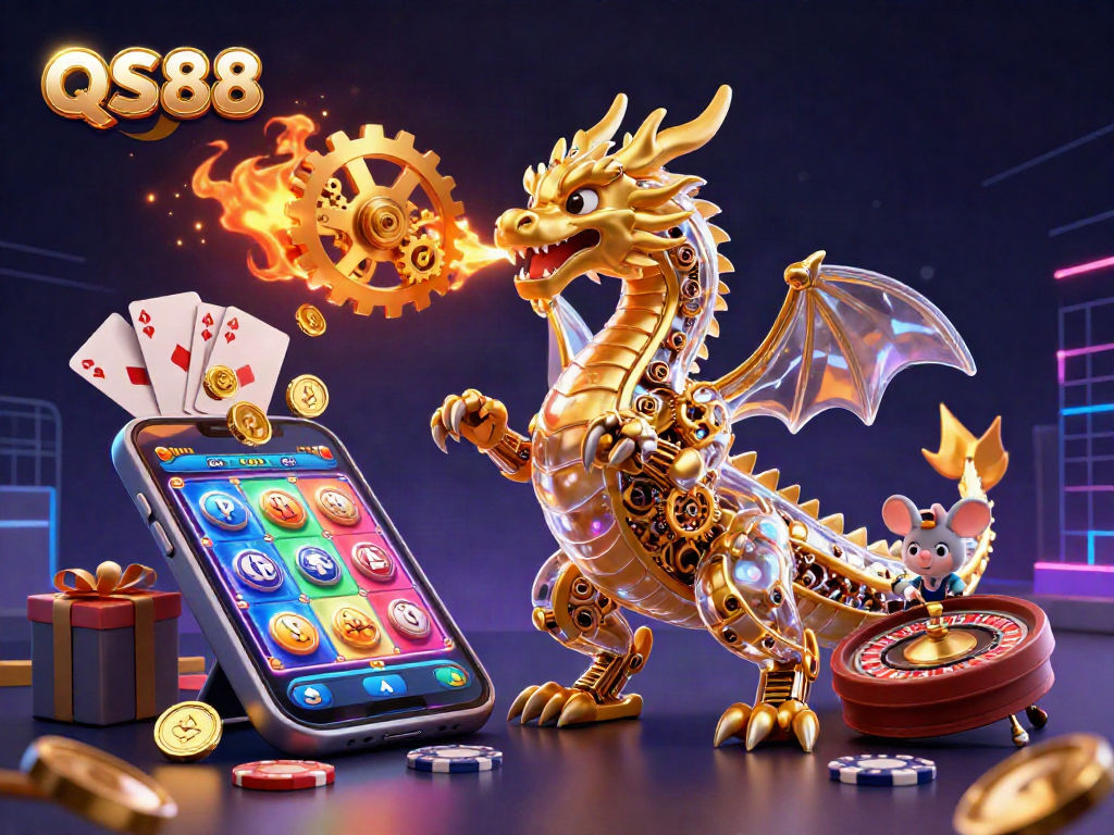 Experience thrilling slot games with QS88 in this vibrant 3D casino illustration.