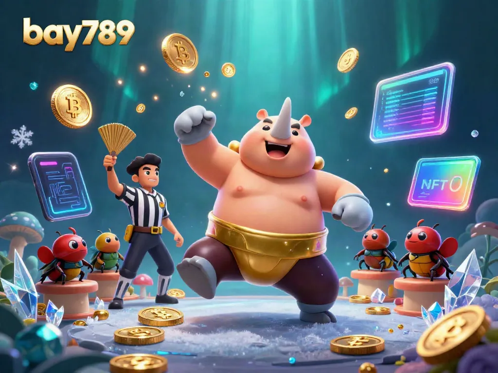 Join the excitement of bay789 with a sumo beetle champion surrounded by glowing crypto coins.