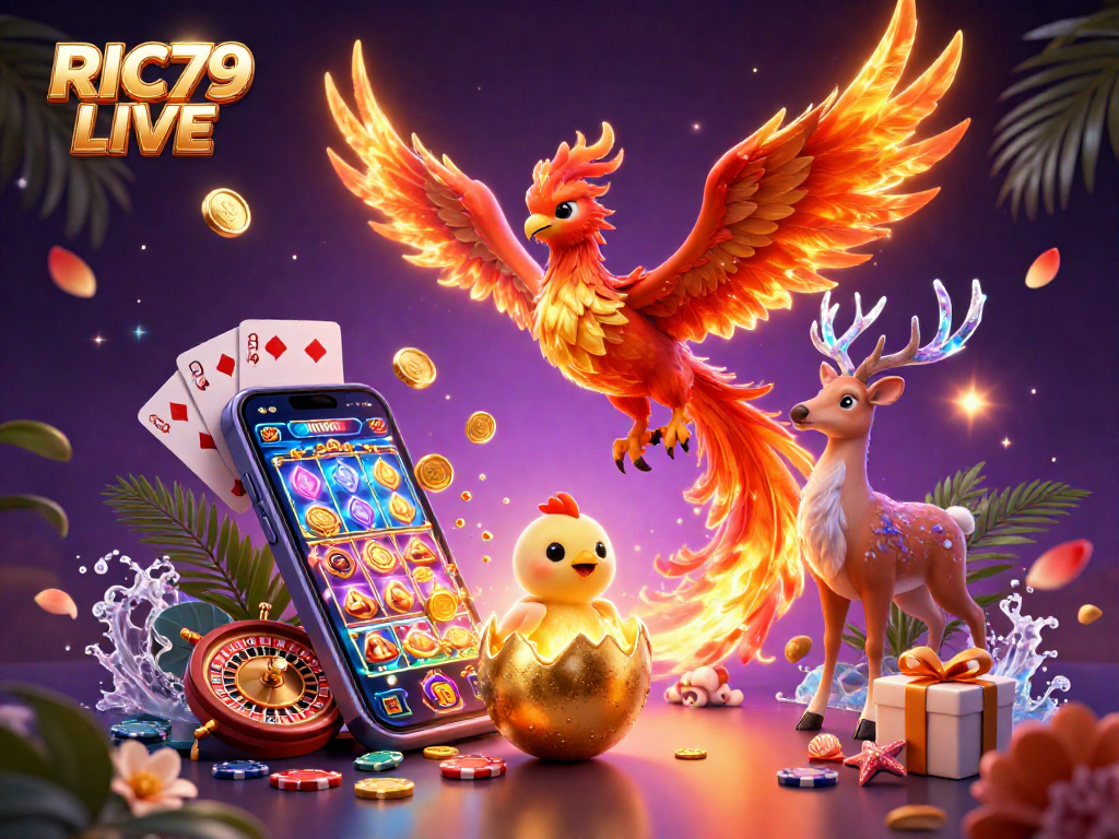 Experience the excitement of RIC79 LIVE with a vibrant 3D illustration showcasing iconic casino elements.