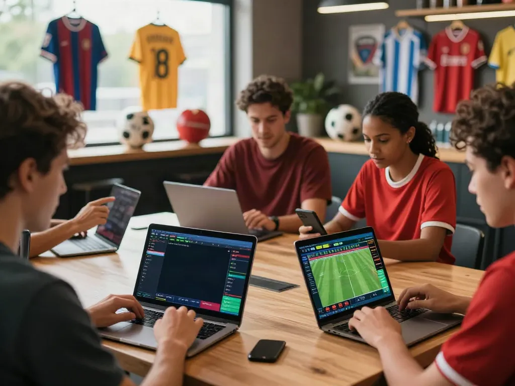 Engaged sports bettors exploring https://debet.gb.net/ features in a lively atmosphere.