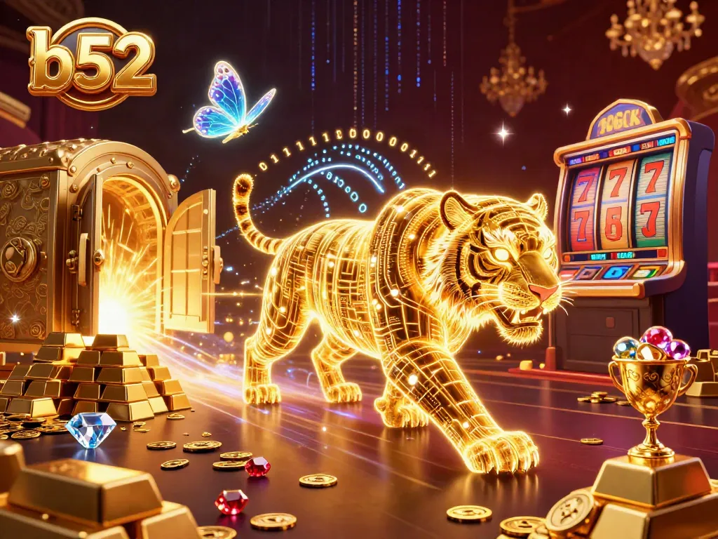 Engage with the exhilarating b52 casino scene featuring a dynamic golden tiger in a vibrant digital landscape, surrounded by splendid treasures.