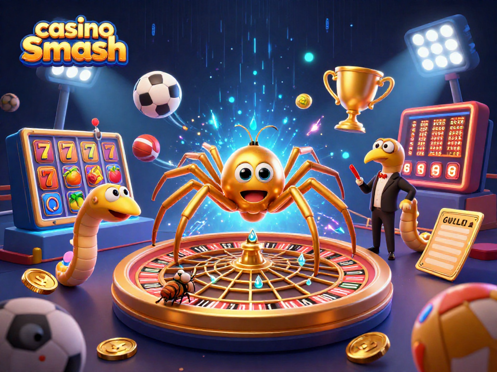 Engaging casino Smash scene with a golden spider, nervous fly, and centipede croupier amid vibrant slot elements.