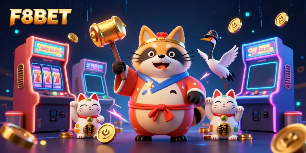 Experience engaging gameplay with F8BET's cheerful tanuki and vibrant casino elements.