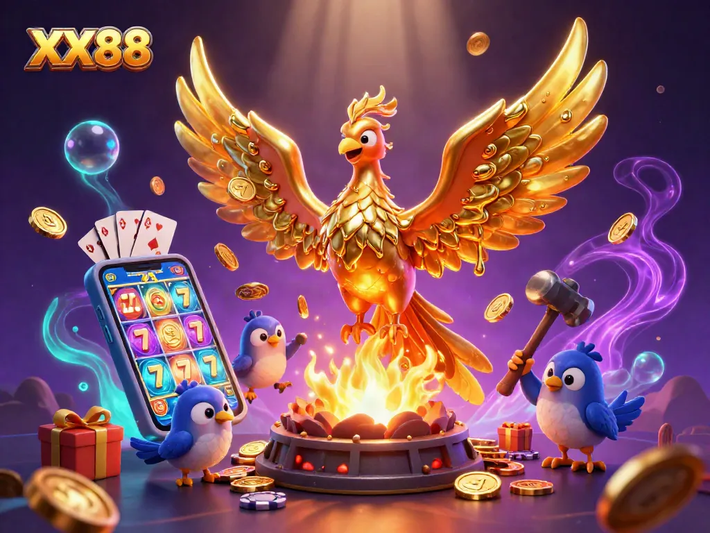 Win big with the XX88 golden phoenix amidst casino games and glowing jackpots.
