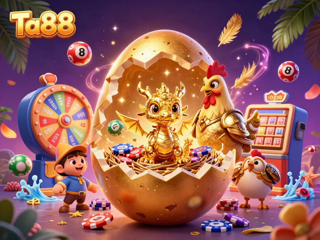 Experience Ta88 gaming excitement with dynamic 3D illustration of a golden dragon and vibrant casino elements.