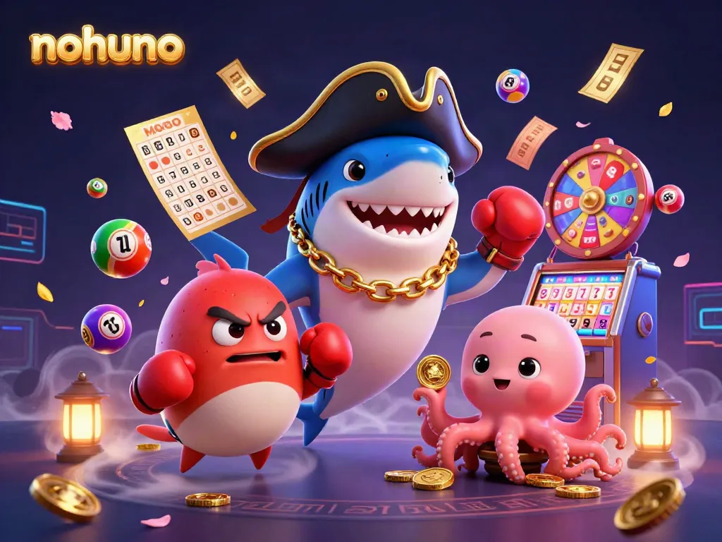 Win big with nohuno in this vibrant casino-themed illustration featuring dynamic characters and colorful gaming elements.