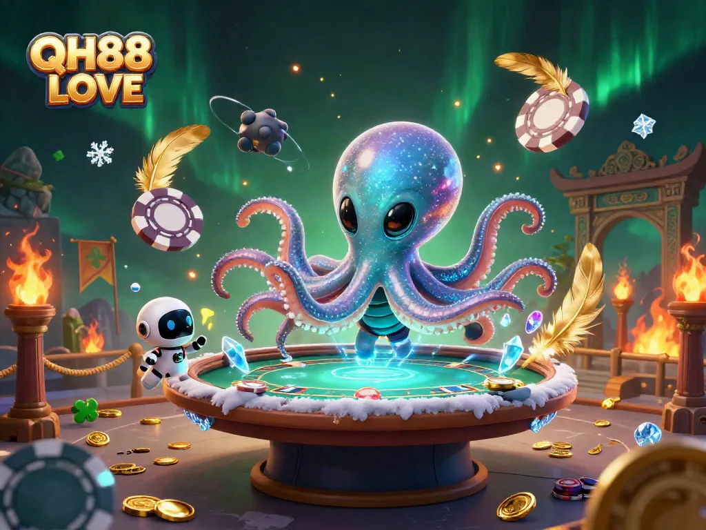 Engage in thrilling poker action with QH88 LOVE, featuring a vibrant alien octopus in a cosmic setting.