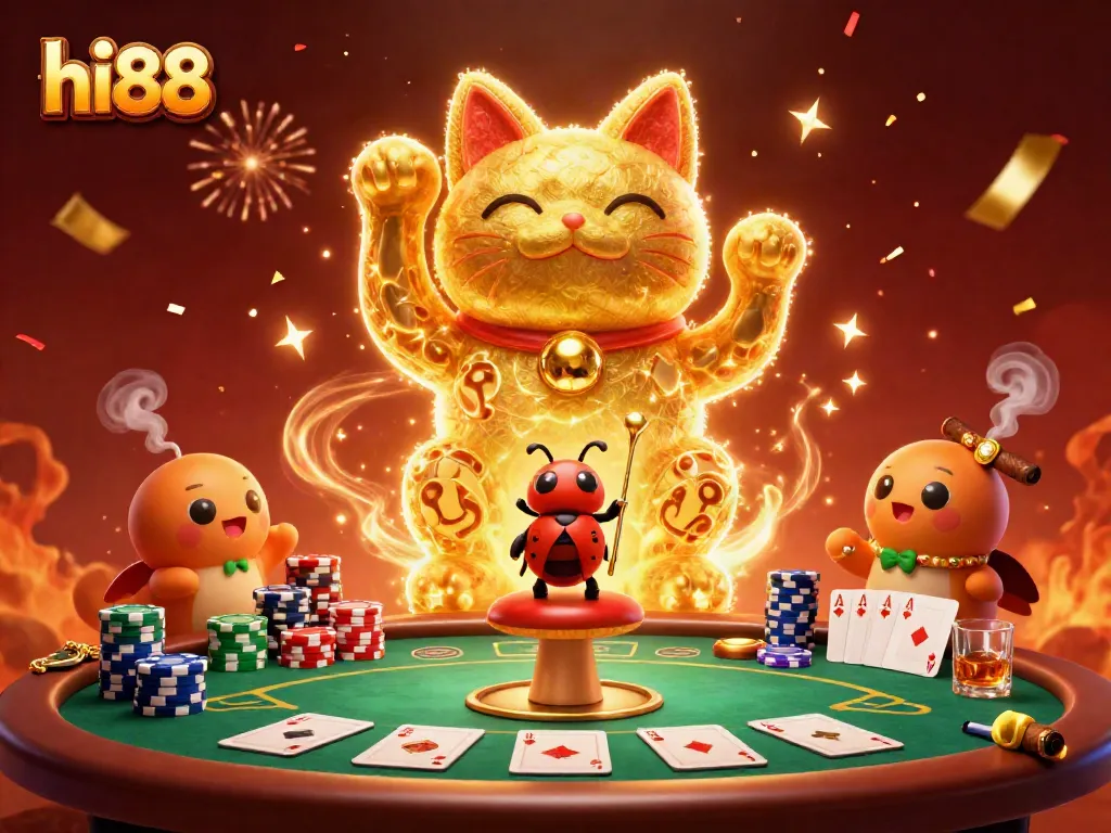 Experience excitement with hi88's golden lucky cat and vibrant casino symbols in a lively game setting.