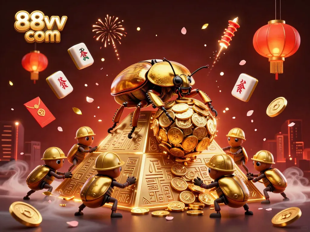 Experience thrilling gameplay with 88vv com in a vibrant 3D casino illustration featuring golden beetles.