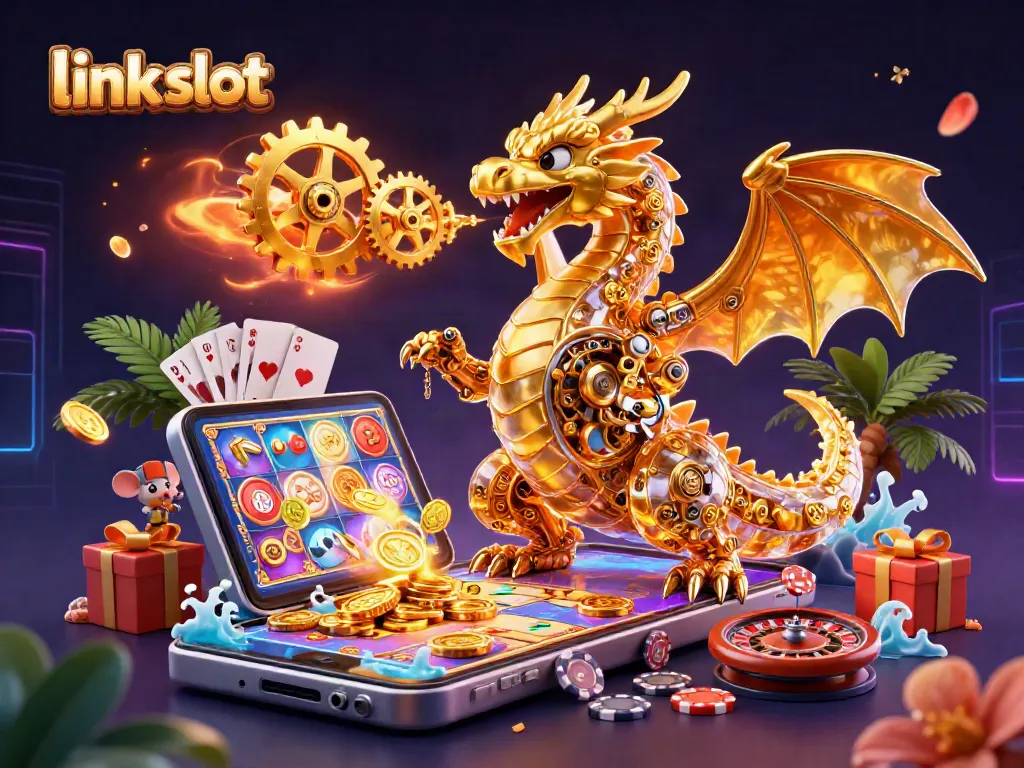 Spin the thrilling link slot game as a golden dragon breathes gears and coins in this vibrant scene.