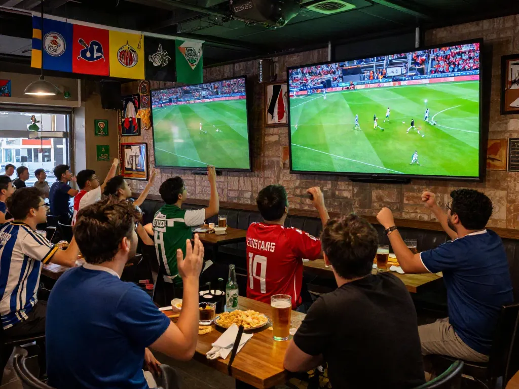 Xoilactv fans enjoying a live football match in a vibrant sports bar atmosphere