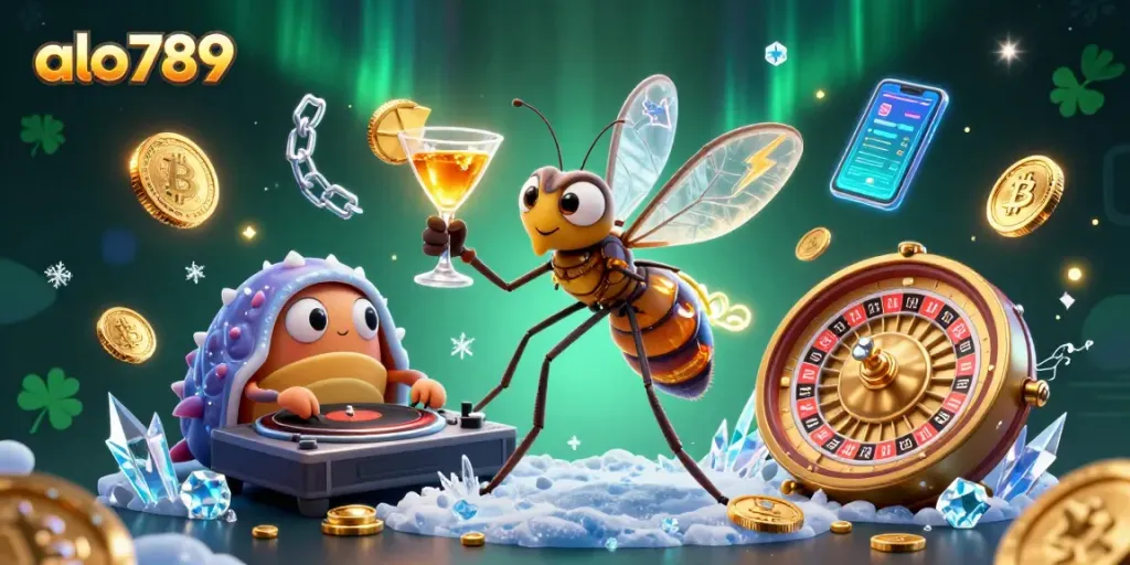 Alo789 showcases a lively casino scene with a mosquito mascot, DJ, and a golden roulette wheel.