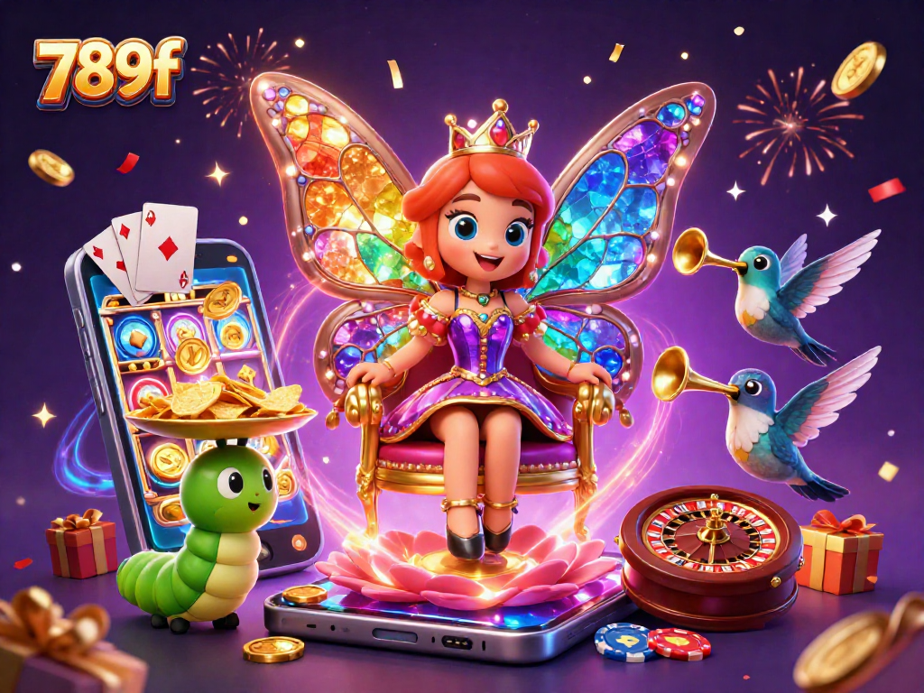 Play 789f slots with the whimsical butterfly queen in a vibrant casino scene rich with excitement.