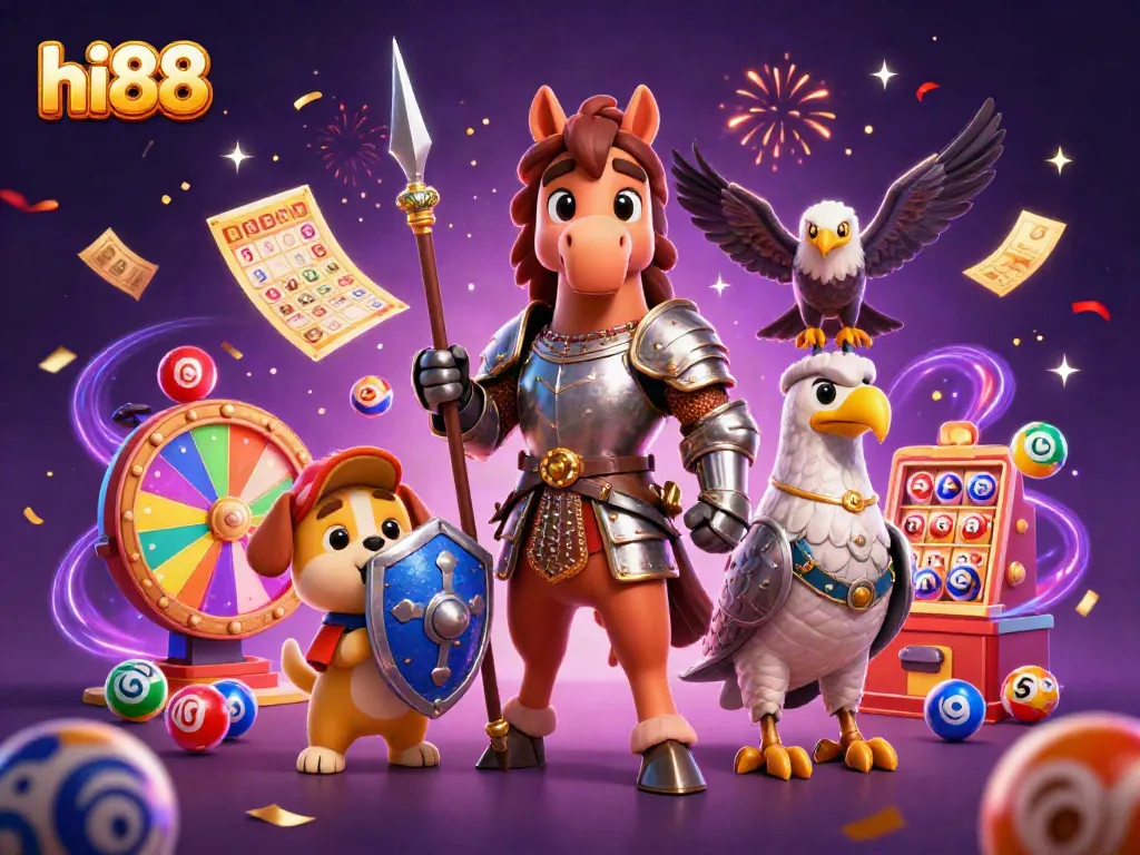 Experience the excitement of hi88 with knights, a falcon, and lottery elements in a festive 3D casino scene.